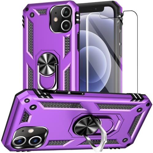for iPhone 12 Mini Case with Screen tector:[Military Grade Drop Tested] Ring Holder Kickstand Shockof Anti-Slip tective Phone Case for iPhone 12 Mini 5.4- Purple