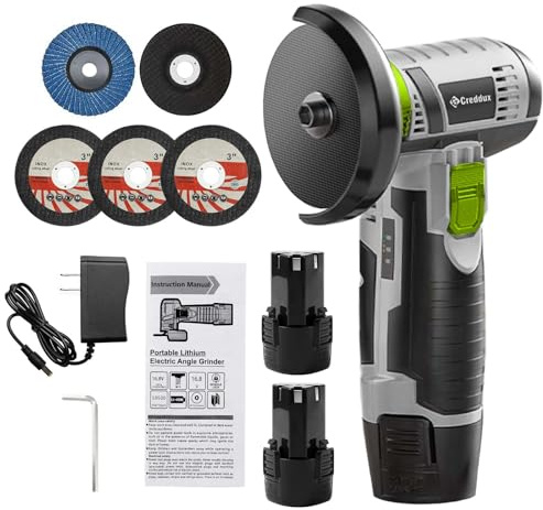 Creddux Cordless Angle Grinder, 3 Inch Mini Angle Grinder Tool With 2pcs 16.8V 2000mAh Batteries and 5 Grinding Wheel,19500rpm Metal Grinders for Cutting, Grinding and Polishing Gray