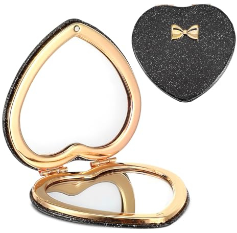 Dimeho Miroir pliant compact en forme de cœur Mini miroir cosmétique avec grossissement Miroir de maquillage de voyage portable pour portefeuille Double face Mignon Paillettes pour Sac à main Femme