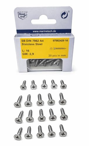 Senk-Blechschrauben 2,9x16mm DIN 7982 Kreuzschlitz PH1 A4 20 Stück – Edelstahl V4A AISI316 rostfrei, säure- & seewasserbeständig, selbstschneidend