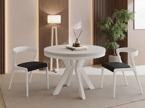 Runder Esstisch Ausziehbar 100-300 cm XXL Groß – Verlängerbar, für 5-14 Personen mit Weißen Holzbeinen & Metallring – Tisch für Wohnzimmer & Esszimmer in Kaschmir