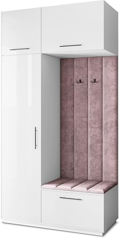 Masseno Flugarderoben Set Rema, Kleiderschrank-Set mit Sitzbank, Garderobenschrank Flur mit 5 Regalböden, Weiß