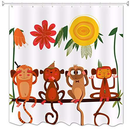 A.Monamour Vier Freche Affen Nein Sehen Nein Hören Nein Sagen Yoga Meditation Design Drucken Bad Décor Duschvorhänge Textil 180X180 cm / 72X72 Zoll