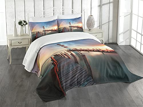 ABAKUHAUS Leuchtturm Tagesdecke Set, Wolken Sonnenuntergang am Meer, Set mit Kissenbezügen luftdurchlässig, für Doppelbetten 220 x 220 cm, Orange Grün Blau
