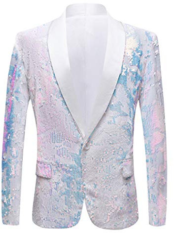 PYJTRL Herrenmode Samt Pailletten Blumenmuster Anzugjacke Blazer (L, Weiß)
