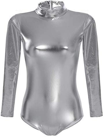 winx club kostüm Ballettanzug Damen Frauen Langarm Body Ballett Trikot Turnanzug Gymnastikanzug Tanzen Bodysuit Tanztraining Gymnastik Kostüm Einteiler Metallic One Piece Leotards Oberteile Grau S