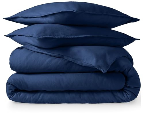 Bare Home Flannel Duvet Cover Set - Queen - 100% Cotton, Velvety Soft Heavyweight Premium Flannel, Double Brushed - Includes Sham Pillow Covers (Queen, Dark Blue)