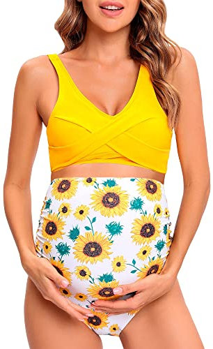 Tofern Maillot de Bain 2 Pièces Grossesse Femmes Tankini Maternité Enceintes Bikini Enceinte Col en V Vêtements De Plage