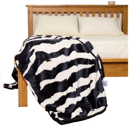GC GAVENO CAVAILIA Animal Print Blanket, Faux Fur Bed Throw, Warm & Cozy Zebra Print Throws Double Bedspread Thick Warm Blanket For Sofa, Chair, Living Room, Mono, 150x200 Cm