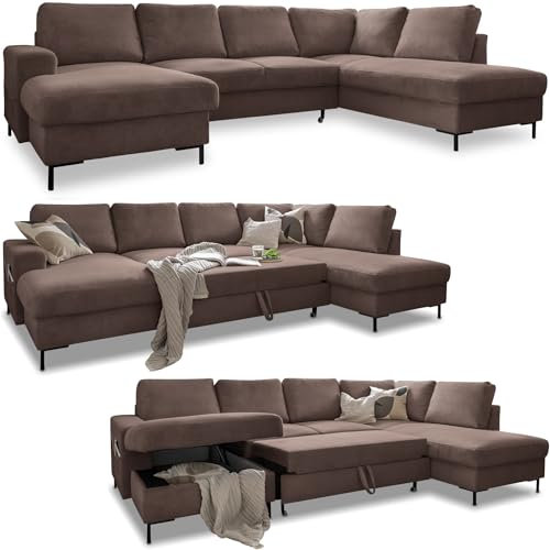 Cord Sofa U Form mit Schlaffunktion - Ecksofa mit Schlaffunktion und Bettkasten, Wohnlandschaft U Form, XXL Couch U Form, Big Sofa XXL, Eckcouch mit Schlaffunktion und Bettkasten, (Taupe Rechts)