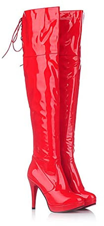 Neue Lange Stiefel Damen High Heel Lack Leder Knielang Große Stahlrohr Tanzstiefel,Rot,41 EU