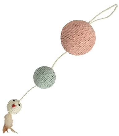 Bobby Plume - Griffoir Jouets pour Chat en Corde recyclée, avec balles et Plumes, à Suspendre, Rose, 55x12 CM