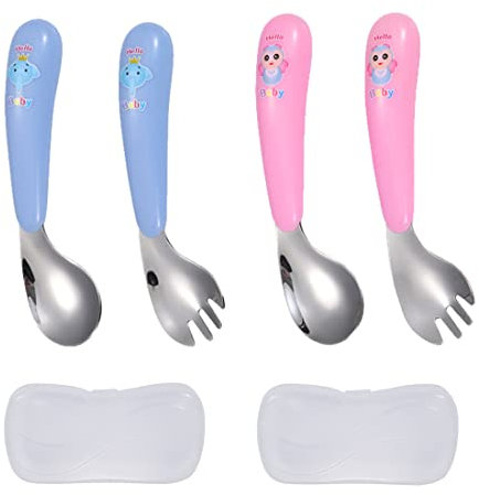 Amindz Kinderbesteck 4 teiliges Edelstahl, kinderbesteck ab 2 jahre, Baby Utensilien Löffel Gabeln Set, Easy Grip Hitzebeständige Biegsame Lernlöffel Gabeln für Kinder