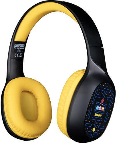 Konix Pac-Man Cuffie audio sovraurali wireless Bluetooth 5.3 smartphone e tablet - Autonomia 30 h - Cavo Jack 3,5 mm - Nero e giallo