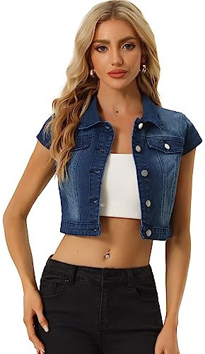 Allegra K Women's 2023 Summer Button Down Cap Short Sleeve Cropped Jean Denim Jacket, Dark Blue, M