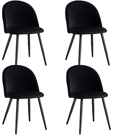 BenyLed Lot de 4 chaises de salle à manger modernes en velours noir ; Chaises de cuisine et de salon ergonomiques avec dossier incurvé et pieds en métal noir