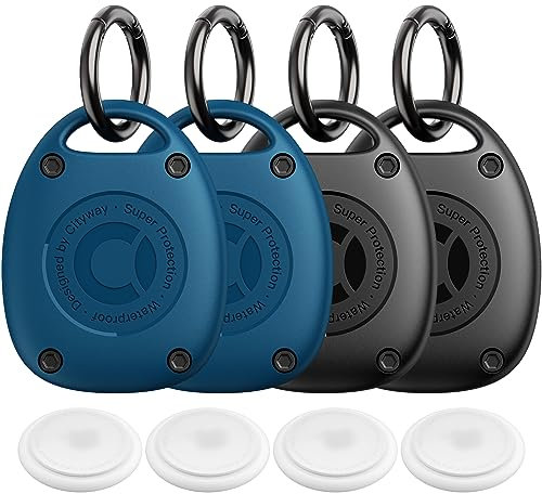 AirTag Lot de 4 étuis Porte-clés étanches IPX8 Ultra compacts pour Collier de Chien, Sac à Dos, clés, Bagages – 2 Noir/2 Bleus