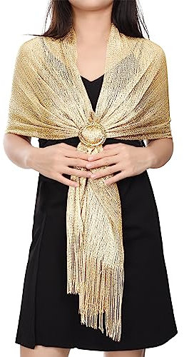 Voqeen Damen Funkelnde Tücher Metallische Wickel Mit kostenloser Schalschnalle Elegante Schal Stola Mit Fransen für Abendparty kleider Brautkleider Abendkleider Alltagskleidung (Metallisch Beige),G