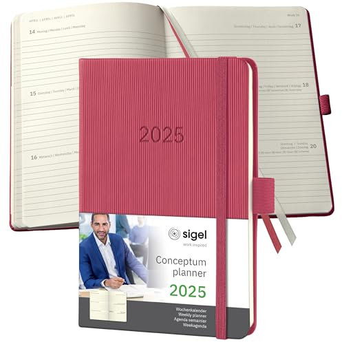 SIGEL C2571 Wochenplaner Wochenkalender 2025, ca. A6, rot, Hardcover, 176 Seiten, Gummiband, Stiftschlaufe, Archivtasche, aus nachhaltigem Papier, Conceptum