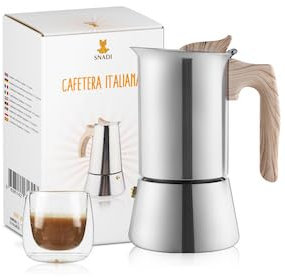 Snadi - Caffettiera Moka Italiana | Design Moderno ed Elegante | Adatta per Induzione, Vetroceramica, Elettrico e Gas | Ergonomica e Robusta | Acciaio Inossidabile | Caffè Espresso (6 Tazze)
