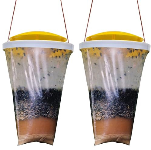 Kwaiyole 2 Pack Fly Trap Disposable Fly Catcher Outdoor,Effective Hanging Fly Traps Bag with Fly Bait,Fly Killer Repellent Outdoor for House,Garden,Horse Barn and Home (Yellow Dome)