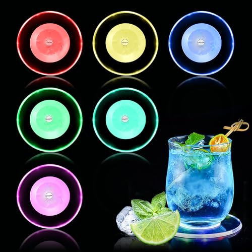 Casenly 6er-Set Bunt LED Untersetzer, Led Untersetzer Leuchtende für Getränke ON/Off Taste Wasserdicht Leuchtuntersetzer Rund Acryl Leuchtende Untersetzer für Partys Bar Weihnachten Pub