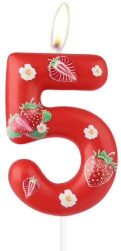 Geburtstagskerzen mit Erdbeer-Zahlen, niedliche Geburtstagskerzen, Erdbeer 5th Geburtstag Dekoration, Zahl 5 Kerzen für Kuchen, rote Erdbeerkerzen, Kuchenaufsatz für Mädchen mit Erdbeermotiven