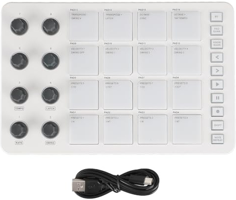 Controlador MIDI, Controlador de Teclado MIDI USB Bluetooth con 16 Almohadillas Retroiluminadas RGB 8 Perillas Asignables Tecla de Nivel Completo de Repetición de Notas