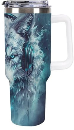 Xiputvl 3D-Druck Wolf Edelstahl Thermobecher Mit Strohhalm - Hält Getränke Bis Zu 8 Stunden Heiß - Ideal Für Unterwegs 40oz