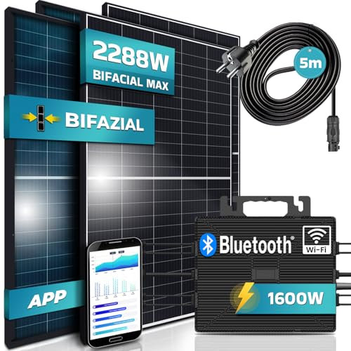 SUNNIVA® Balkonkraftwerk Black Frame BIFACIAL 2288/1600W Solaranlage mit 1600W Astro Energy Micro Wechselrichter Wifi Bluetooth, upgradebar drosselbar, 4x440W Bifaziale Solarmodule, 5m Kabel,PV Anlage
