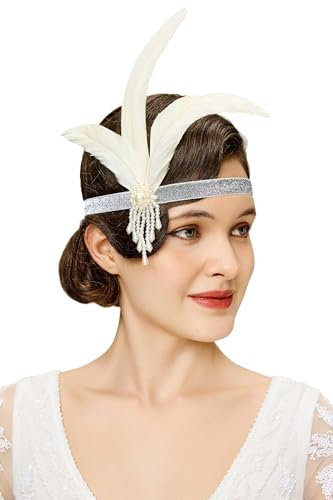 BABEYOND Bandeau vintage années 1920 avec perles - Accessoire de costume Gatsby le Magnifique - Plume blanche