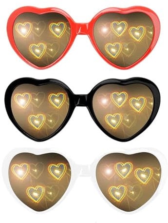 Febbya 3D Herz-Effekt Brille,3 Stück Heart Glasses Beugungs Brille Herzförmige Sonnenbrille für Frauen & Männer,Lustige Party Brille für Rave,Festival,Karneval,Nachtclub (Schwarz/Weiß/Rot)