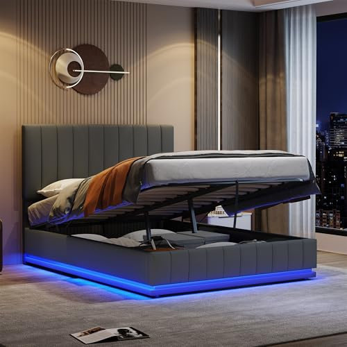 Upholstered Bed Frame with Hydraulic Lift and Adjustable Channel Tufted Headboard, 5ft King Size Bed Frame with LED Lighting, PU Leather Gas Lift Functional Ottoman Storage Bed, No Mattress, Grey