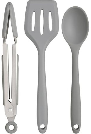 Wiltshire Silicone Mini Kitchen Tongs, Turner & Spoon Set of 3, Stainless Steel, Heat-Resistant, Non-Stick, Non-Scratch, Pebble Grey