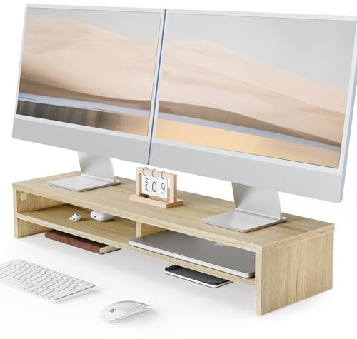 Fenge Dual Monitor Stand Riser 90cm, Computer Monitor Stand para escritorio, Organizador de escritorio para PC / Laptop / Impresora / TV, 80 × 23.5 × 14.2cm, Carga de 25KG, Roble