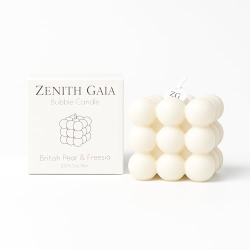 Zenith Gaia Bubble - Bougie en cire de soja 100 % naturelle - Beige - 6 x 6 x 6 cm - Poire britannique et freesia - Fabriquée à la main - Bougie décorative parfaite pour salon, chambre à coucher