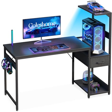 Coleshome 120×48 cm Gaming Desk with LED Lights, Reversible Computer Desk with Drawers & Display Shelves, Gaming Table with Headphone Hook, Carbon Fiber Black