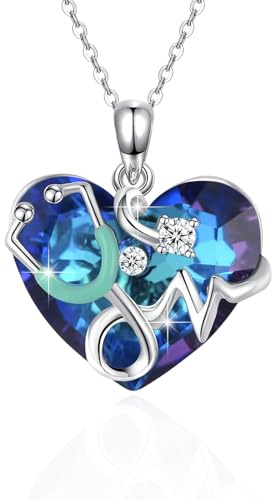 TRISHULA Stethoskop Halskette 925 Sterling Silber Herz Blauer Kristall Anhänger Pflege Halskette er Schmuck Geschenke für Frauen Krankenschwester Arzt