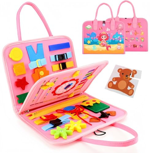 LATERN Busy Board Montessori Jouet pour Enfants, 28CM x 21CM Tableau D'activités Sensoriel Éducatif Développer Motricité Fine Jouet pour Garçons Filles Cadeau Avion Voiture Voyage (Rose)