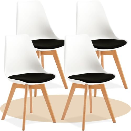 Dekohome Pack de 4 Sillas de Comedor, Sillas de Cocina con Respaldo Ergonómico, Asiento Acolchado Tapizado y Patas de Madera Maciza de Haya, Blanco y Negro