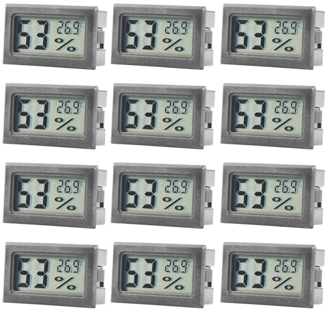 12 x Termómetro digital higrómetro interior, mini termómetro interior, medidor de humedad de aire, termómetro de habitación para casa, oficina, invernadero, frigorífico, negro