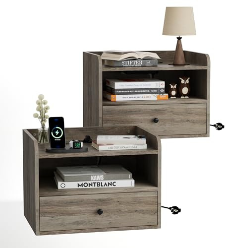 BonVache Nachttisch Hängend 2er Set, Steckdosen und Ports, Nachttische Wandmontage mit Offener Raum und Schubladen, für Wohnzimmer, Schlafzimmer, Grau