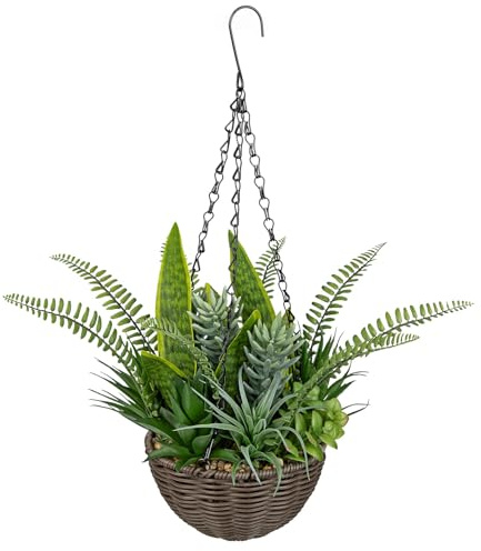 Arborus Artificial Hanging Baskets Plant 50cm Fake Mixed Greenery Hanging Plant with Ferns & Succulents Faux Hanging Plants in Black Basket Realistic Artificial Houseplant for Indoor Home Garden Décor