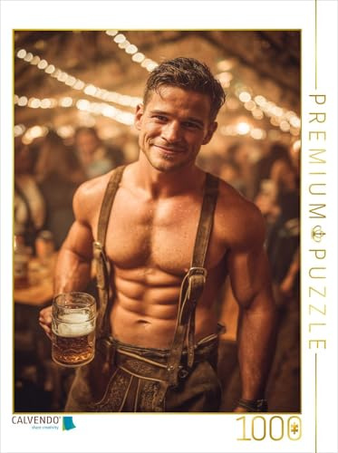 Puzzle · EIN muskulöser, halbnackter Mann in Lederhose Steht mit einem | Bierkrug in der Hand im bayerischen Festzelt · Erotik-Puzzle mit… · 1000 Teile · Lege-Größe 64 × 48 cm · CALVENDO Puzzle