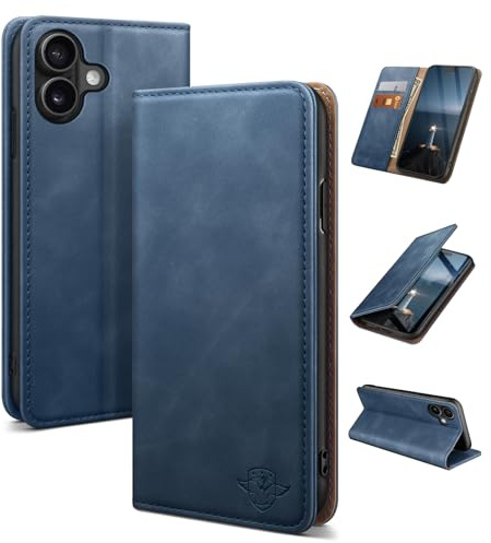 SUANDUCK for iPhone 17 6.3 phone case magnetic leather flip case with RFID-blocking card compartment, adjustable stand and 360° drop protection with Apple 17 Dark Blue