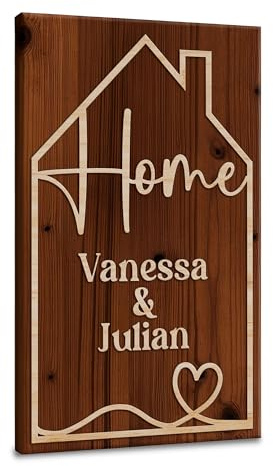 ARTFAVES® Personalisiertes Holzbild - Home-Haus - individuelles, persönliches Schild aus Holz, Geschenk zur Hochzeit, Valentinstag, Kennenlerntag, Verlobung, Wohnung Einzug