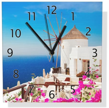 Wallario Design Wanduhr Windmühle über azurblauem Meer aus Aluverbund, Alu-Uhr Größe 30 x 30 cm, Schwarze Zeiger mit Metalloptik