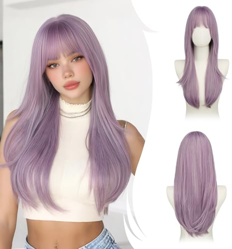 RUWISS Viola Chiaro Parrucca Lunga Layered Con Frange per Donna, 65cm Parrucche Naturale e Liscia Dritto Fibra Sintética Resistente per Uso