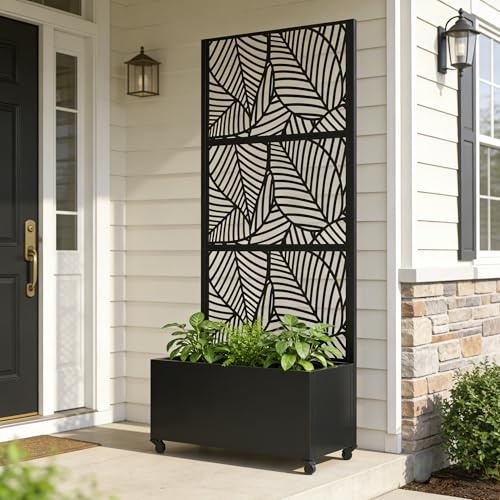 casa.pro Blumenkasten mit Sichtschutz Surnskoki Pflanzkübel mit Rankgitter Metall Pflanzkasten Balkon 190 hoch Outdoor Trennwand mit Rollen Garten 190 x 82 x 38 cm Anthrazitgrau