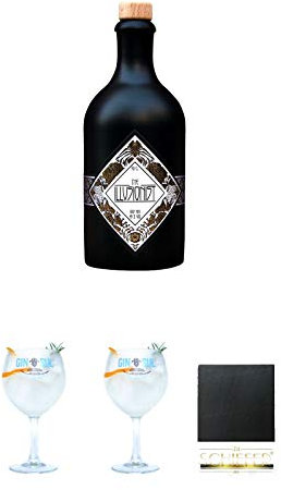 The Illusionist Dry Gin 0,5 Liter + Gin Sul Copo Ballon Glas 1 Stück + Gin Sul Copo Ballon Glas 1 Stück + Schiefer Glasuntersetzer eckig ca. 9,5 cm Durchmesser